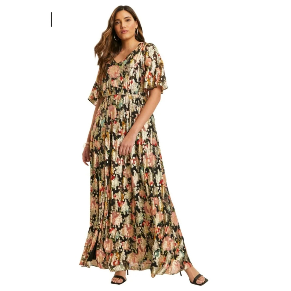 June+Vie 18/20 Metallic Floral Maxi Dress $369 Elegant Plus Formal Gown Gold 2XL - Picture 13 of 14